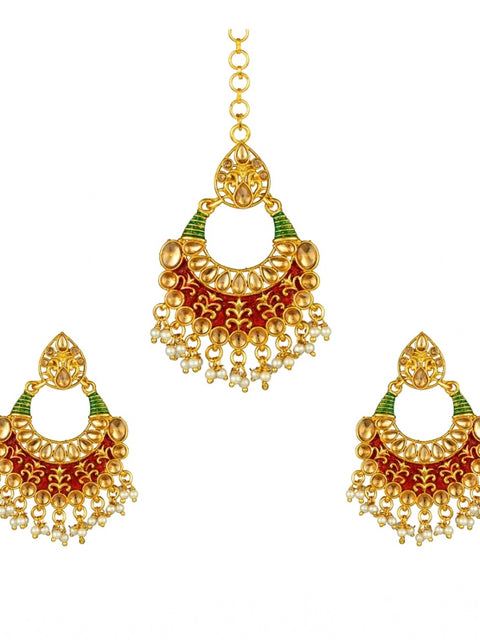 Women's Rose Gold Plated Alloy Kundan Earrings & Mangtikka (Red & Green)