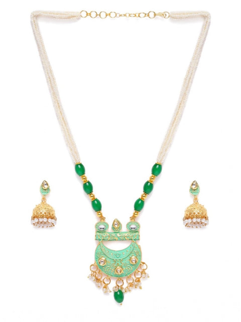 Women's Rose Gold Plated Alloy Necklace & Earings Set (Green)