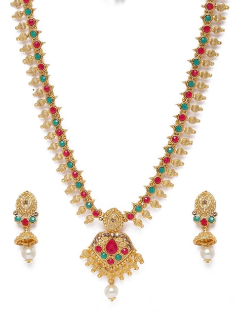 Women's Rose Gold Plated Alloy Necklace & Earings Set (Green & Red)