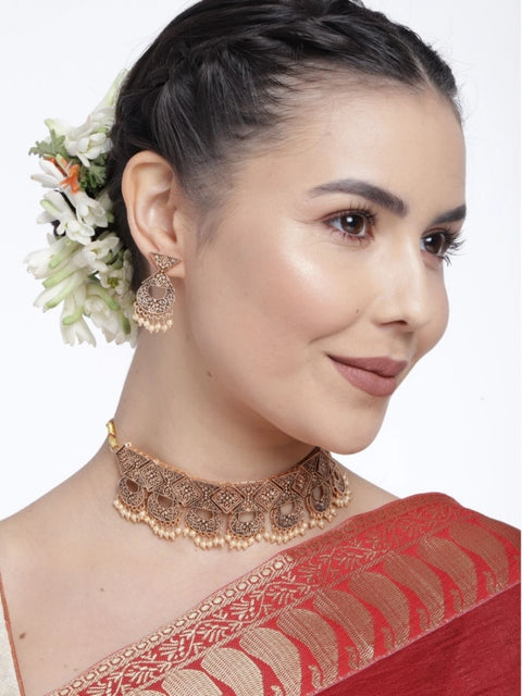 Women's Rose Gold Plated Alloy Necklace & Earings Set (Gold)
