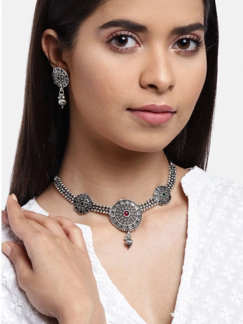 Women's Rose Gold Plated Alloy Necklace & Earings Set (Silver)