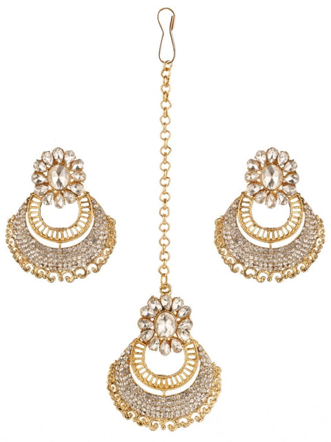 Women's Rose Gold Plated Alloy Kundan Earrings & Mangtikka (White)