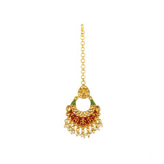 Women's Rose Gold Plated Alloy Kundan Earrings &amp; Mangtikka (Red &amp; Green)