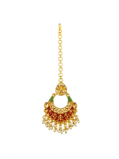 Women's Rose Gold Plated Alloy Kundan Earrings & Mangtikka (Red & Green)