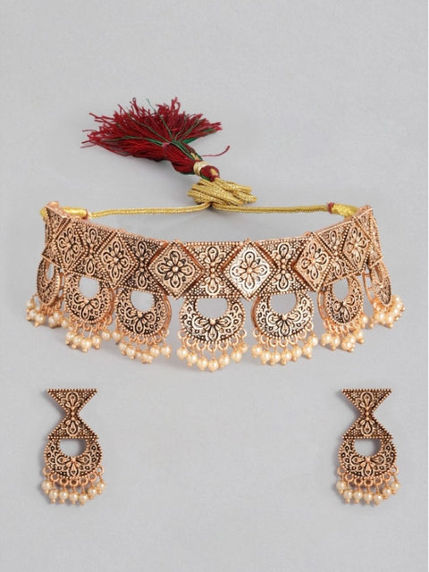 Women's Rose Gold Plated Alloy Necklace & Earings Set (Gold)
