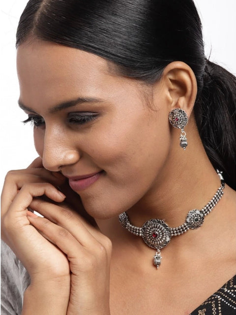 Women's Rose Gold Plated Alloy Necklace & Earings Set (Silver)