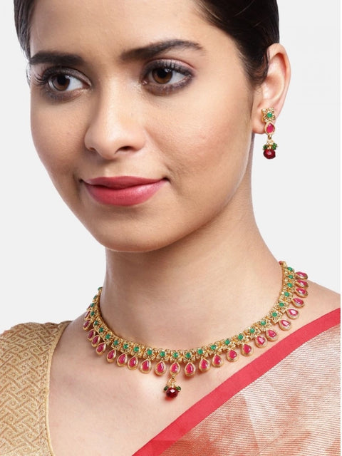 Women's Rose Gold Plated Alloy Necklace & Earings Set (Green & Red)