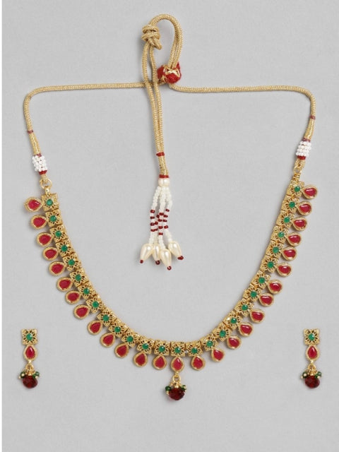 Women's Rose Gold Plated Alloy Necklace & Earings Set (Green & Red)