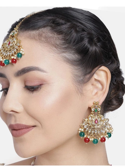Women's Rose Gold Plated Alloy Kundan Earrings & Mangtikka (Red & Green)