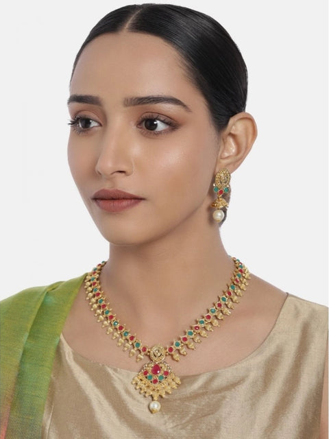 Women's Rose Gold Plated Alloy Necklace & Earings Set (Green & Red)
