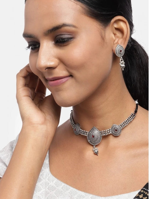 Women's Rose Gold Plated Alloy Necklace & Earings Set (Silver)