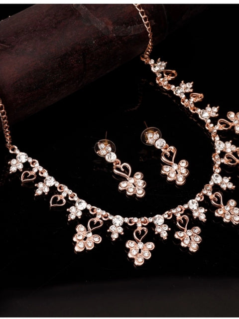 Women's Rose Gold Plated Brass Necklace & Earings Set (Gold)