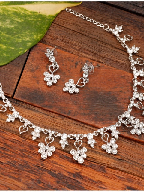 Women's Rose Gold Plated Brass Necklace & Earings Set (Silver)