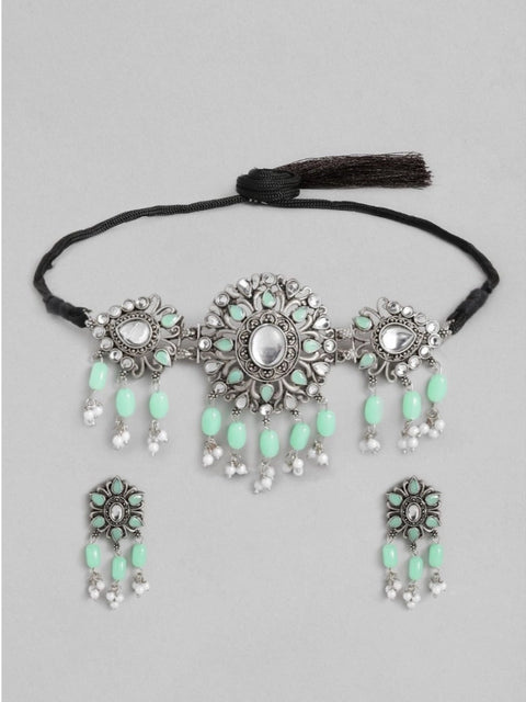 Women's Rose Gold Plated Alloy Necklace & Earings Set (Light Green)