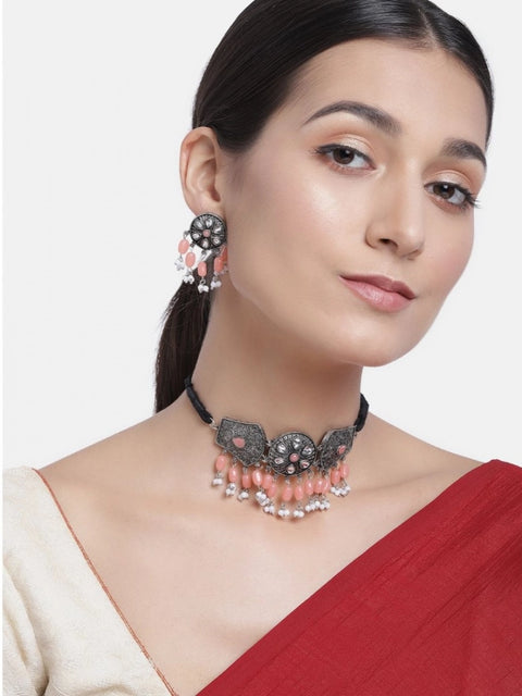 Women's Rose Gold Plated Alloy Necklace & Earings Set (Orange)