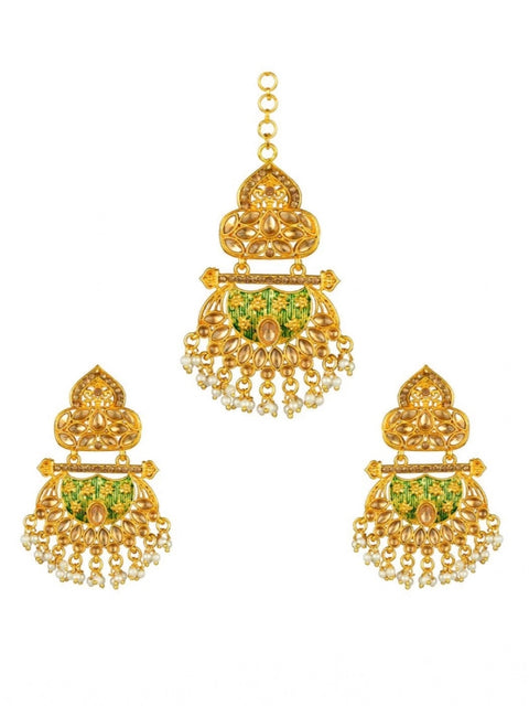 Women's Rose Gold Plated Alloy Kundan Earrings & Mangtikka (Green)