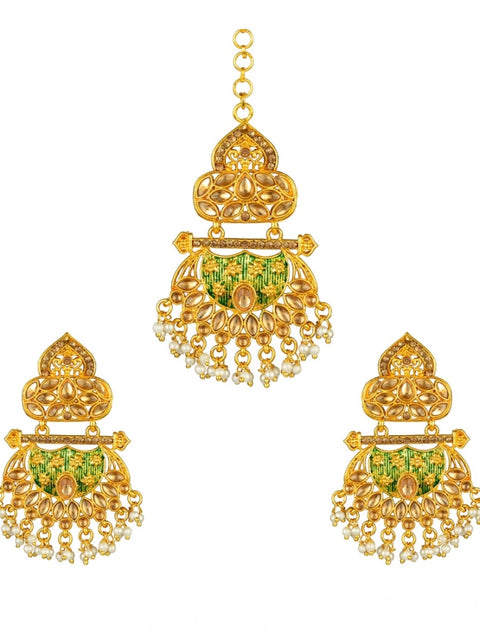 Women's Rose Gold Plated Alloy Kundan Earrings & Mangtikka (Green)