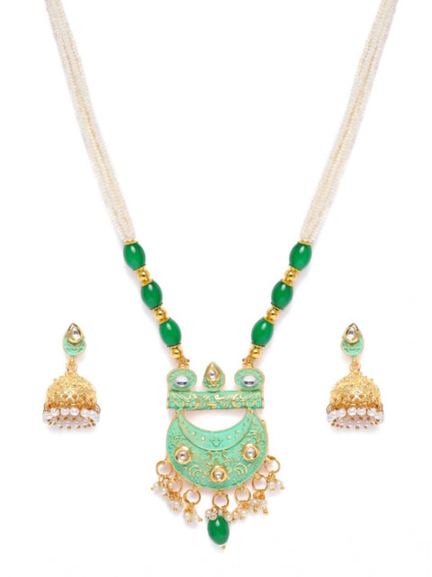 Women's Rose Gold Plated Alloy Necklace & Earings Set (Green)