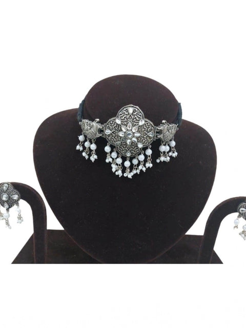 Women's Rose Gold Plated Alloy Necklace & Earings Set (Silver & White)