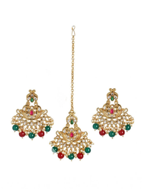 Women's Rose Gold Plated Alloy Kundan Earrings & Mangtikka (Red & Green)