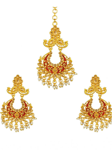 Women's Rose Gold Plated Alloy Kundan Earrings & Mangtikka (Maroon)