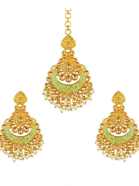 Women's Rose Gold Plated Alloy Kundan Earrings & Mangtikka (Green)