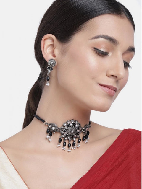 Women's Rose Gold Plated Alloy Necklace & Earings Set (Black)