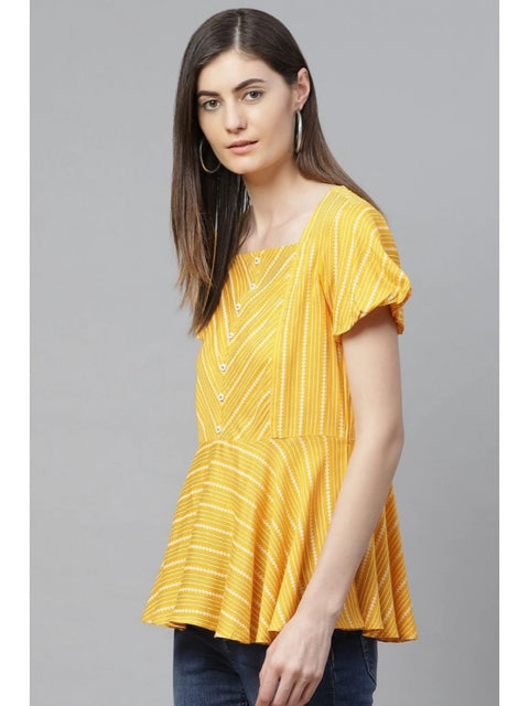 Generic Women's Casual Short Sleeves Stripe Printed Rayon Top (Mustard)