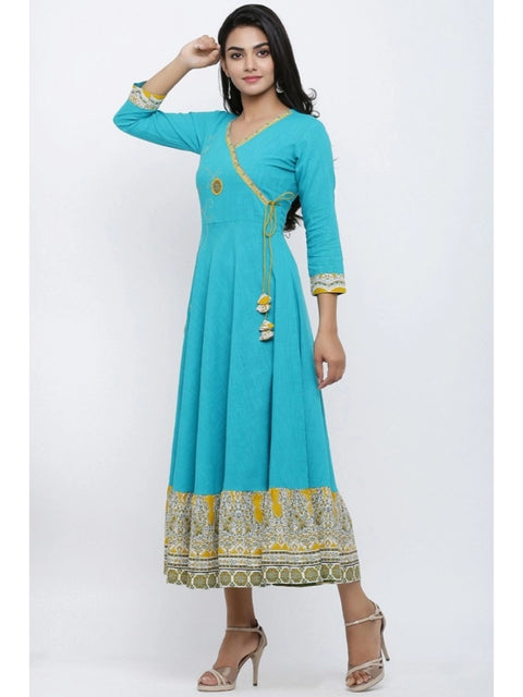 Generic Women's Casual 3/4 th Sleeve Embroidery Cotton Blend Kurti (Torque Green)