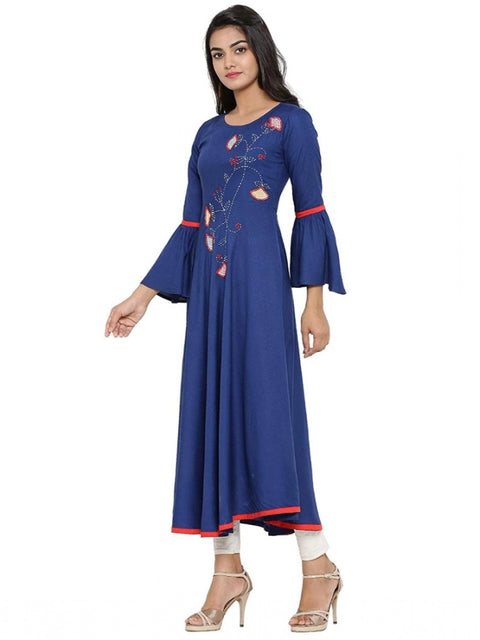 Generic Women's Casual Bell Sleeves Embroidery Rayon Kurti (Blue)