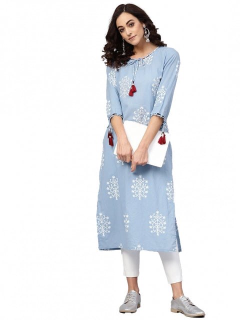 Generic Women's Casual 3/4 th Sleeve Embroidery Cambric Cotton Kurti (Blue)