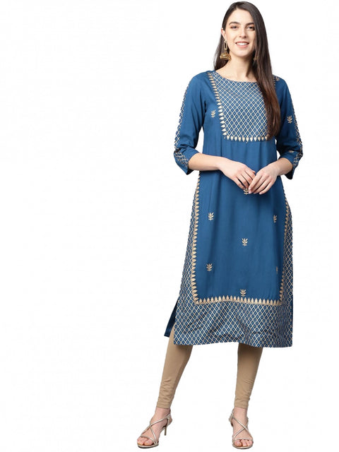 Generic Women's Casual 3/4 th Sleeve Floral Printed Rayon Kurti (Blue)