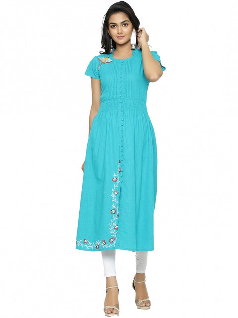 Generic Women's Casual Short Sleeve Embroidery Cotton Slub Kurti (Torque Green)