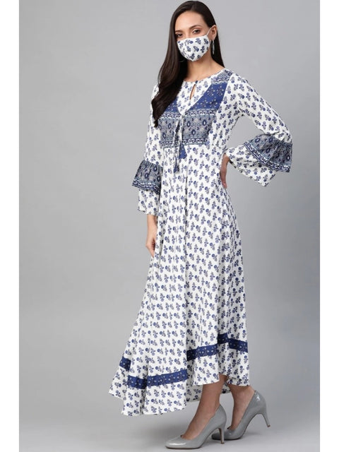 Women's Casual Bell Sleeve Floral Printed Rayon Dress (White & Blue)
