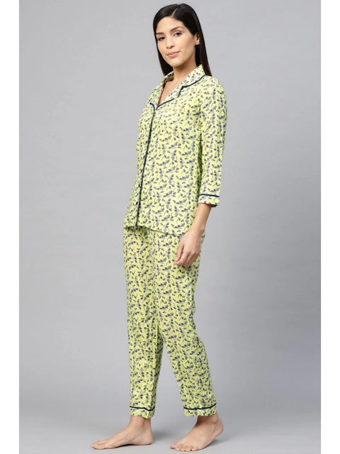 Generic Women's Casual 3/4 Sleeve Floral Printed Rayon Shirt With Pyjama Pant Night Suit Set (Green)