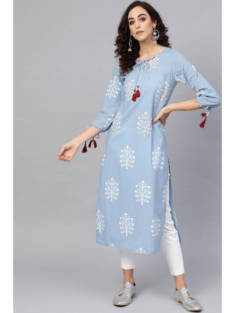 Generic Women's Casual 3/4 th Sleeve Embroidery Cambric Cotton Kurti (Blue)