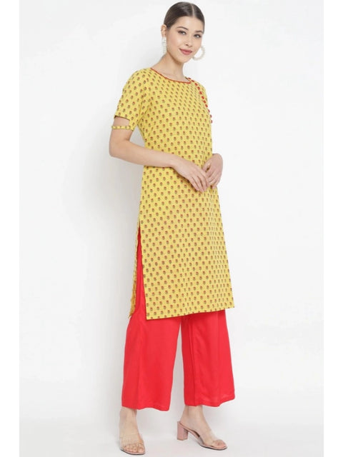 Generic Women's Casual Short Sleeves Floral Printed Cotton & Rayon Kurti Palazzo Set (Yellow & Red)