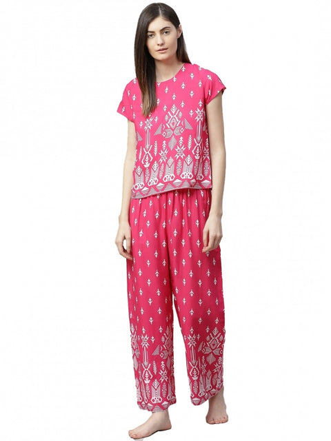 Generic Women's Casual Short Sleeve Printed Rayon Pajama Set (Pink)