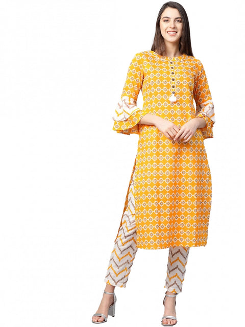 Generic Women's Casual 3/4 th Sleeve Floral Printed Cotton Kurti Set (Mustard)