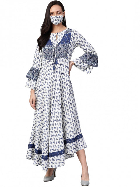 Women's Casual Bell Sleeve Floral Printed Rayon Dress (White & Blue)