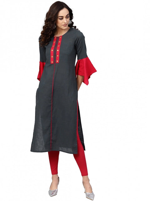 Generic Women's Casual Bell Sleeves Mirror Work Cotton Slub Kurti (Grey)