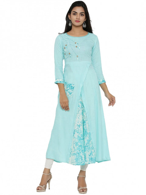 Generic Women's Casual 3/4 th Sleeve Embroidery Rayon Kurti (Sky Blue)