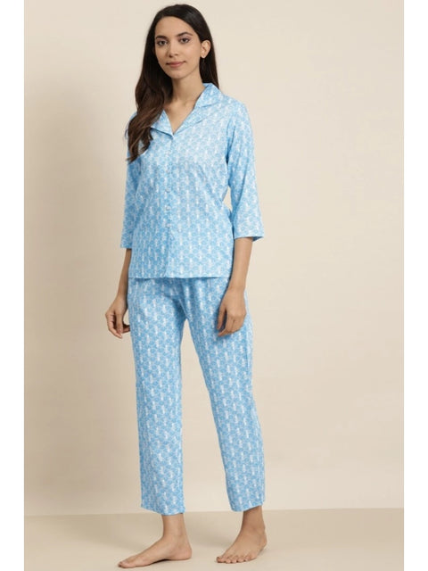 Generic Women's Casual 3/4 th Sleeve Floral Printed Rayon Shirt With Pyjama Pant Night Suit Set (Blue)