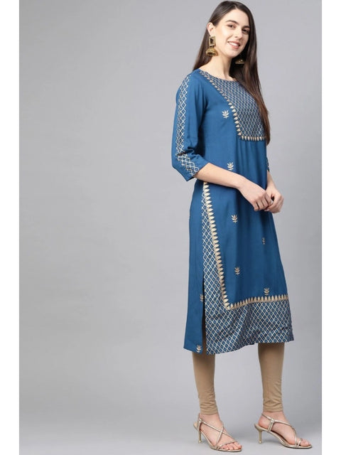 Generic Women's Casual 3/4 th Sleeve Floral Printed Rayon Kurti (Blue)