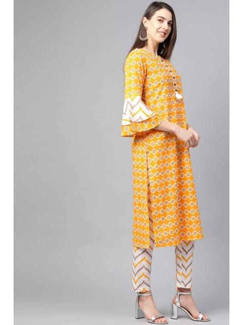 Generic Women's Casual 3/4 th Sleeve Floral Printed Cotton Kurti Set (Mustard)