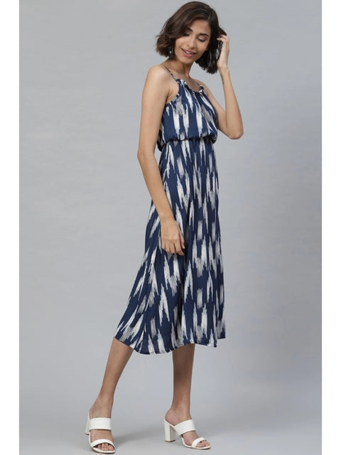 Women's Casual Sleeveless Ikat Print Rayon Dress (Blue)