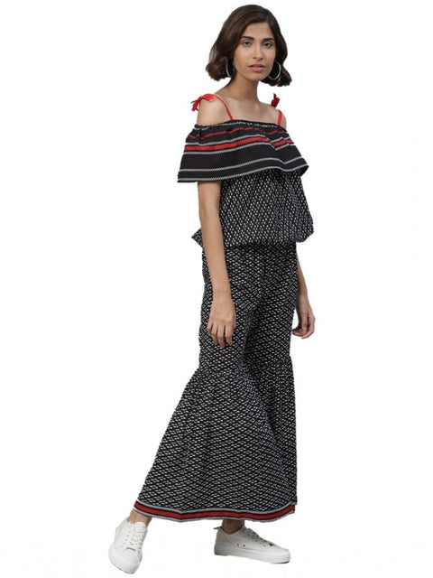 Women's Casual shoulder sleeve Geomatrical Printed Cotton Dress (Black)
