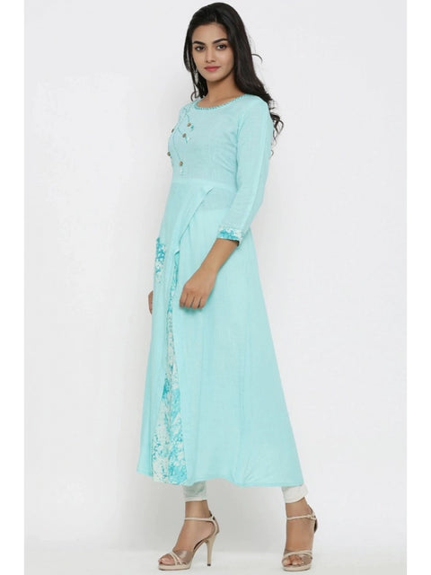 Generic Women's Casual 3/4 th Sleeve Embroidery Rayon Kurti (Sky Blue)