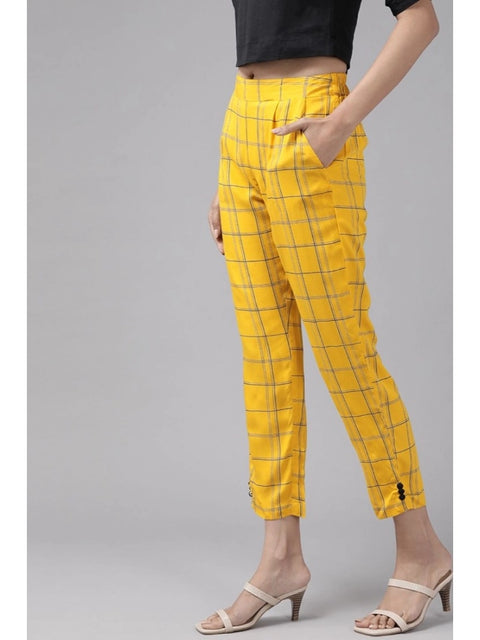 Generic Women's Casual Checked Rayon Trouser Pant (Yellow)