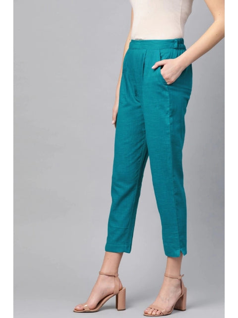Generic Women's Casual Solid Cotton Slub Trouser Pant (Rama Blue)